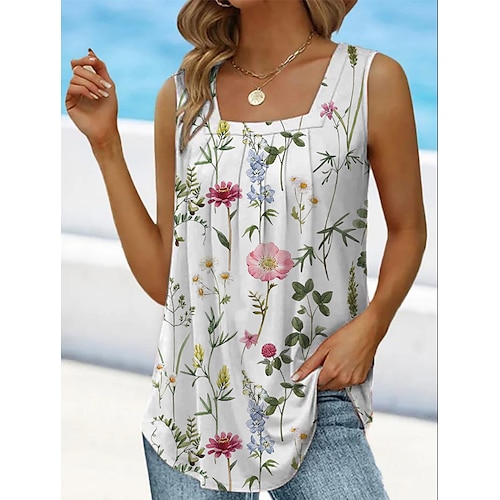 

Damen Tank Top Weiß Blau Grün Blumen Bedruckt Ärmellos Casual Festtage Basic Quadratischer Ausschnitt Standard Blume S