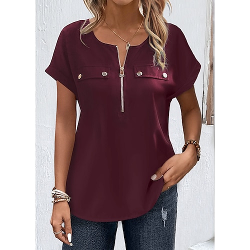 

Mujer Camisa Blusa Fucsia Plano Cremallera de un cuarto Manga Corta Casual Básico Escote Redondo Regular S