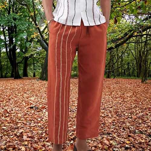 

Homens Calças Calça verão Com Cordão Cintura elástica Perna reta Listra Conforto Respirável Casual Diário Feriado Moda Estilo Clássico Marron