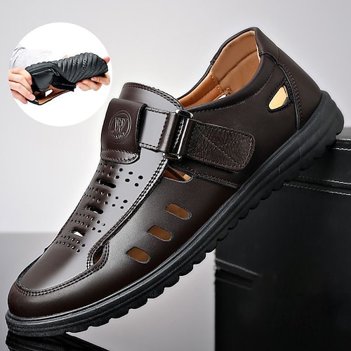 

Homens Sandálias Sapatos Confortáveis Sandálias de couro Casual Diário Pele Respirável Preto Marron Verão