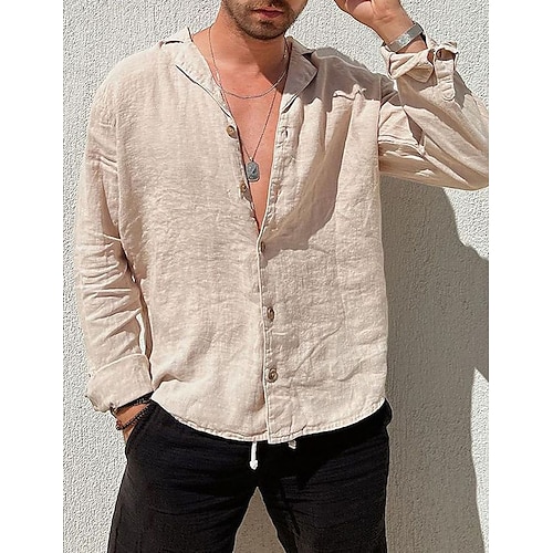 

Herren Hemd leinenhemd Lässiges Hemd Sommerhemd Strandhemd Khaki Langarm Glatt Lagerkragen Frühling Sommer Casual Täglich Bekleidung