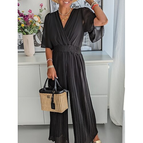 

Damen Jumpsuit Gefaltet Hohe Taillenlinie Feste Farbe V Ausschnitt Geschäftlich Elegant B¨¹ro Arbeit Breites Bein Regular Fit Halbe Ärmel Schwarz Rosa Fuchsie S M L XL Sommer