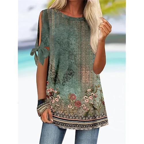 

Damen Hemd Bluse Grün Blumen Ausgeschnitten Bedruckt Kurzarm Casual Festtage Basic Rundhalsausschnitt Lang Blume S