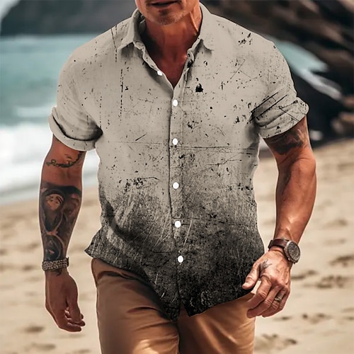 

Hombre Camisa camisa de lino Degradado Estampados Cuello Vuelto Azul Piscina Caqui Exterior Calle Mangas cortas Estampado Ropa Lino Moda Design Casual Suave