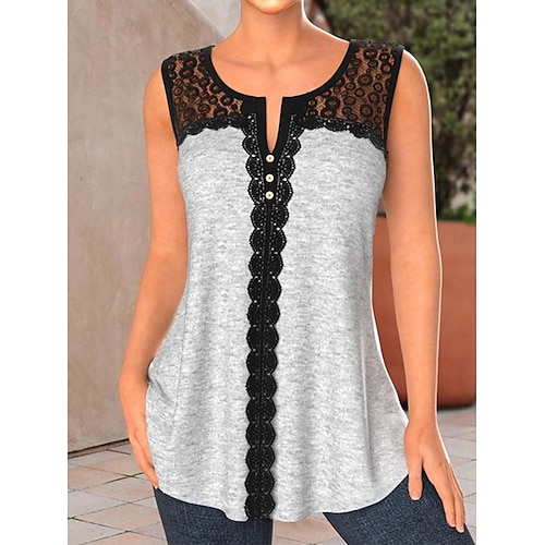 

Women's Tank Top Gray Plain Lace Patchwork Sleeveless Casual Basic V Neck Regular S