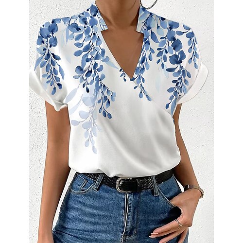 

Damen Hemd Bluse Blau Purpur Grün Blatt Bedruckt Kurzarm Casual Festtage Basic V Ausschnitt Standard Blume S