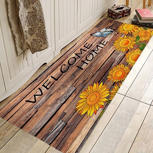 

Sunflower Rug Runner Floor Mat Door Mat Hallway Carpets Area Rugs Washable for Bedroom Living Room Kitchen Bathroom Anti-Slip Wood lines