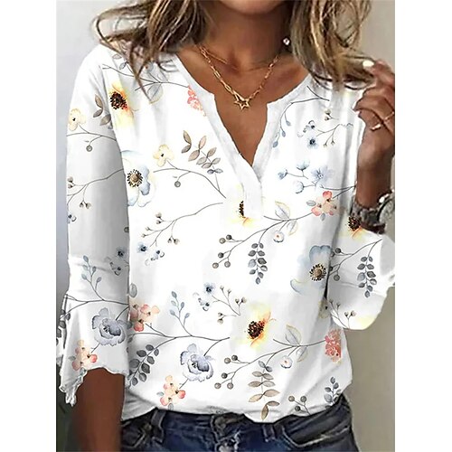 

Mulheres Camiseta Branco Floral Imprimir Manga Longa Feriado Final de semana Básico Decote V Padrão Tema Flores Pintura S