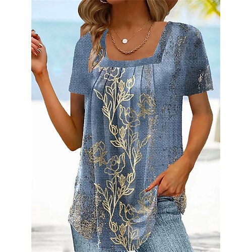 

Damen T Shirt Weiß Blau Blumen Bedruckt Kurzarm Casual Festtage Basic Quadratischer Ausschnitt Standard Blume Farbe S