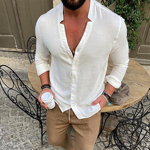

Homens Camisa Social camisa de linho Camisa casual camisa de verão camisa de praia Preto Branco Rosa Manga Longa Tecido Decote V Primavera Verão Casual Diário Roupa