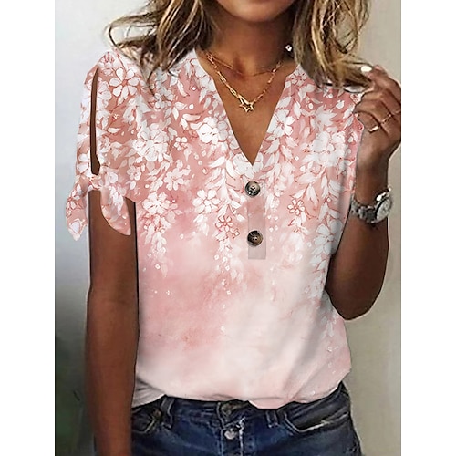 

Women's T shirt Tee Pink Red Blue Floral Button Cut Out Short Sleeve Holiday Weekend Basic V Neck Regular Floral Painting S