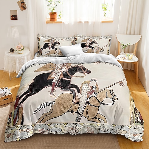 

bayeux médiéval vintage peintures housse de couette ensembles de literie housse de couette avec 1 housse de couette ou couvre-lit, 1 drap, 2 taies d'oreiller pour double/reine/roi (1 taie d'oreiller