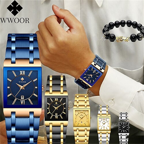 

New Wwoor Brand Men'S Watches Fully Automatic Non-Mechanical Square Men'S Steel Quartz Watches Waterproof Calendar Men'S Watches Complimentary Bracelet Of Brave