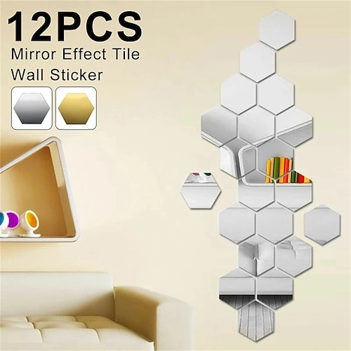 

12 unids/set pegatinas de pared de espejo hexagonal 3d pegatina decorativa acrílica