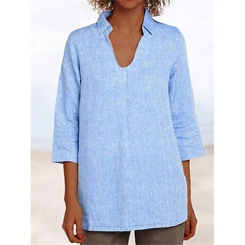 

Chemise Chemisier Femme Rose Claire Bleu Plein Manches 3/4 Casual basique Col V Longue Standard S