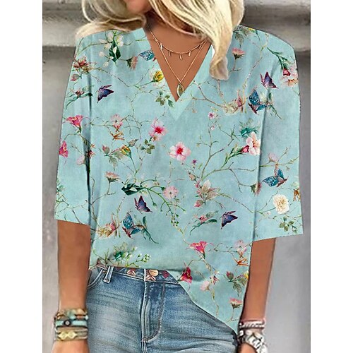 

Mulheres Camiseta Azul Roxo Verde Floral Imprimir Meia Manga Feriado Final de semana Básico Decote V Padrão Tema Flores Pintura S