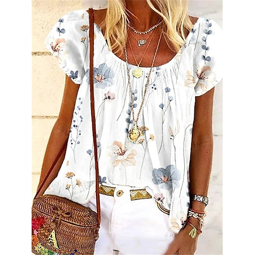 

Women's T shirt Tee White Floral Print Short Sleeve Casual Holiday Basic Round Neck Regular Floral S