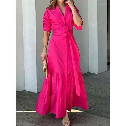 

Mulheres Vestido casual Vestido de linho de algodão Vestido maxi longo Misto de Algodão Moda Elegante Ao ar livre Escritório Diário Colarinho de Camisa Cordões Frufru Manga Longa Verão Primavera