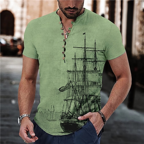 

Homme Chemise Chemise Lin Imprimés Photos Rétro Vintage Voilier Mao Bleu Vert Kaki Gris Extérieur Plein Air Manche Courte Imprimer Vêtement Tenue Lin Mode Vêtement de rue Design Décontractées