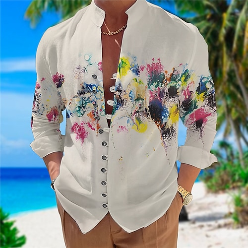 

Homens Camisa Social camisa de linho Floral Estampas Abstratas Colarinho Chinês Azul Cáqui Ao ar livre Rua Manga Longa Imprimir Roupa Moda Designer Casual Confortável