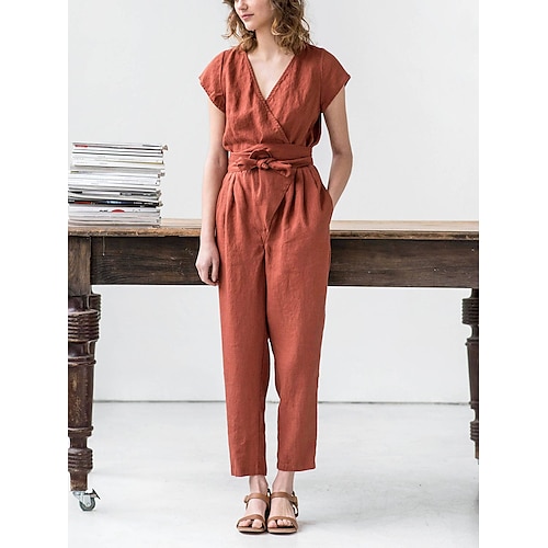 

Women's Jumpsuit Pocket High Waist Solid Color V Neck Streetwear Street Daily Elegant Regular Fit Short Sleeve Wrap Linen Jumpsuit