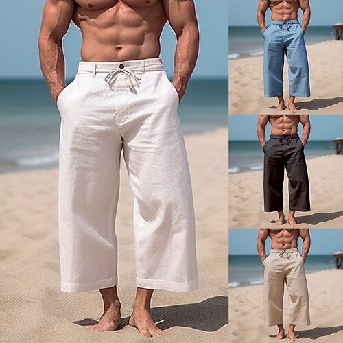 

Homens Calças de linho Calças Calça verão Calças de praia Perna larga Bolso frontal Tecido Conforto Respirável Casual Diário Feriado Misto de Algodão e Linho Moda Básico Preto Branco