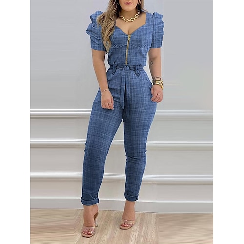 

Women's Jumpsuit Zipper High Waist Solid Color V Neck Business Office Work Regular Fit Short Sleeve Puff Balloon Sleeve Blue S M L Summer