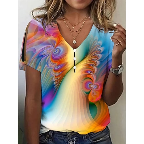 

T shirt Tee Femme Jaune Orange Graphic Bouton Découpé Manche Courte du quotidien Fin de semaine basique Col V Normal Standard Peinture S