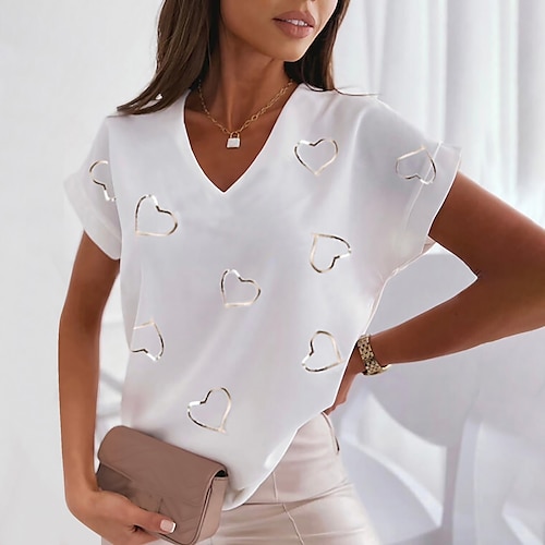 

Women's T shirt Tee Heart Color Block Feather Print Daily Weekend Basic Dolman Sleeve Short Sleeve V Neck Silver