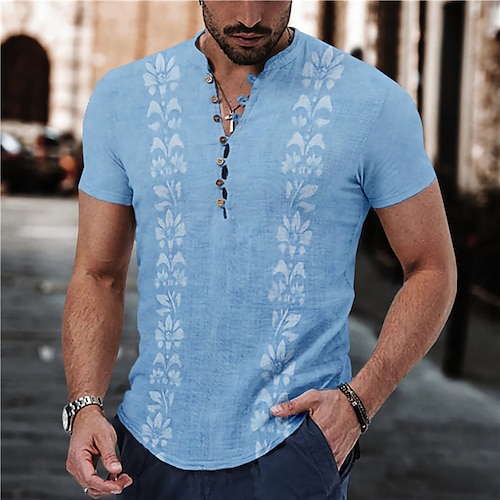 

Men's Shirt Linen Shirt Graphic Prints Leaves Stand Collar Pink Blue Green Khaki Outdoor Street Short Sleeve Print Clothing Apparel Linen Fashion Streetwear Designer Casual