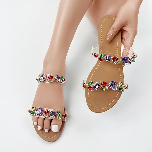 

Femme Sandales Chaussons Bohème Pantoufles d'extérieur Pantoufles de plage Extérieur Plage Eté Strass Talon Plat Elégant Décontractées PVC Mocassins Diamant de couleur