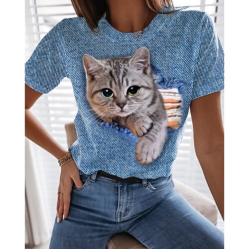 

Damen T Shirt Blau Katze Bedruckt Kurzarm Täglich Wochenende Basic Rundhalsausschnitt Standard 3D Cat Farbe S