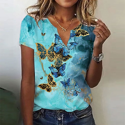 

Mujer Camiseta Rosa Rojo Azul Piscina Mariposa Estampado Manga Corta Diario Fin de semana Básico Escote en Pico Regular Mariposa Pintura S