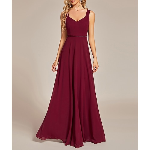 

A-Line Wedding Guest Dresses Open Back Dress Wedding Party Floor Length Sleeveless V Neck Chiffon with Bow(s) 2023