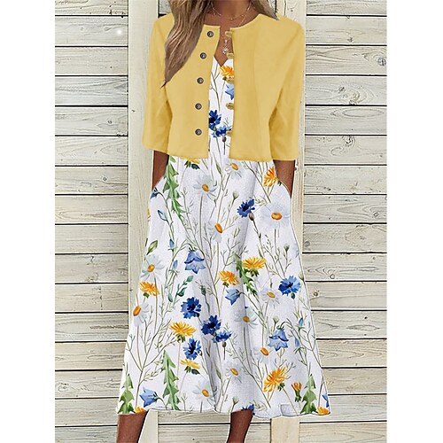 

Robe casual Robe imprimée Femme Ensemble Robe Deux Pièces Extérieur du quotidien Mode Moderne Bouton Poche Robe mi-longue Col V Demi Manches Floral Standard Jaune Eté Printemps S M L XL XXL