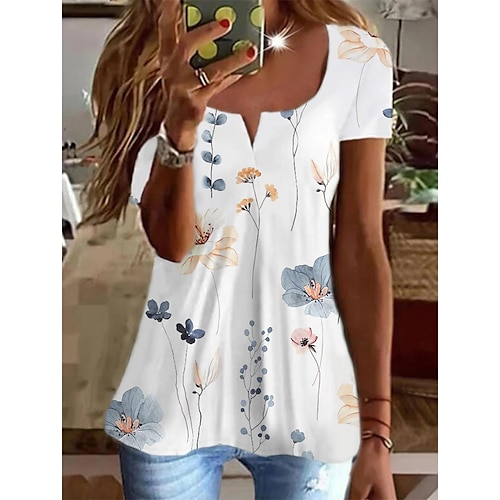 

Mulheres Camiseta Branco Verde Claro Rosa Floral Botão Imprimir Manga Curta Feriado Final de semana Básico Decote Redondo Padrão Tema Flores Pintura S