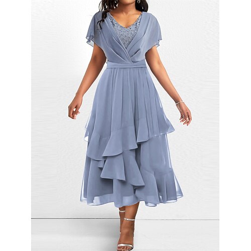 

Women's Party Dress Wedding Guest Dress Swing Dress Midi Dress Blue Short Sleeve Pure Color Lace Summer Spring V Neck Fashion Birthday Wedding Guest Vacation 2023 S M L XL 2XL 3XL