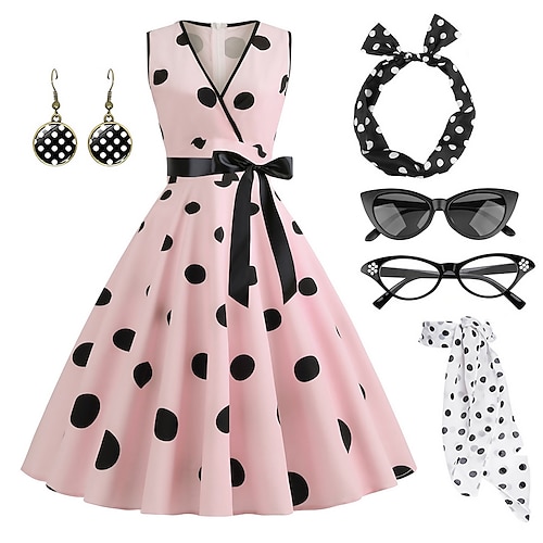 

Women's A-Line Rockabilly Dress Polka Dots Swing Dress Flare Dress with Accessories Set 1950s 60s Retro Vintage with Headband Chiffon Scarf Earrings Cat Eye Glasses Sunglasses 6PCS