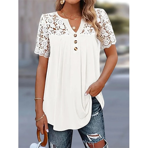 

Damen Hemd Bluse Weiß Glatt Spitze Taste Kurzarm Casual Basic V Ausschnitt Standard S