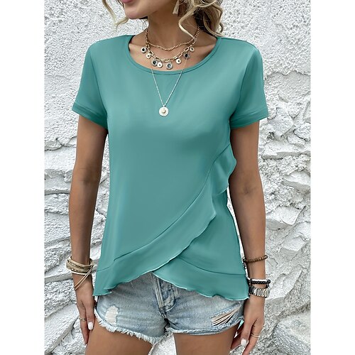 

T shirt Tee Femme Noir Bleu Vert Plein A Volants Manche Courte du quotidien Fin de semaine basique Col Rond Normal Standard S