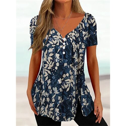 

Mulheres Camiseta Blusa Azul Marinha Folha Botão Imprimir Manga Curta Casual Feriado Básico Decote V Padrão Tema Flores S