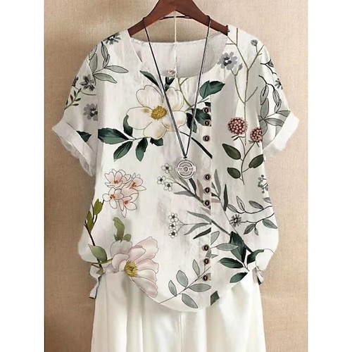 

Women's Shirt Blouse White Floral Print Short Sleeve Casual Holiday Basic Round Neck Regular Floral M