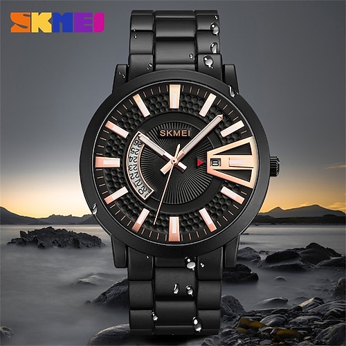 

SKMEI Men's Quartz Watch Fashion Casual Personality Analog Wristwatch Calendar Three-Dimensional Metal Index Cool Black Stainless Steel Quartz Male Clock Gift