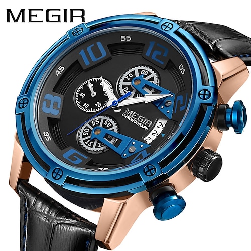 

Megir homme sport montre-bracelet étanche chronographe hommes montre militaire armée top marque de luxe en cuir véritable nouveau mâle horloge 2078