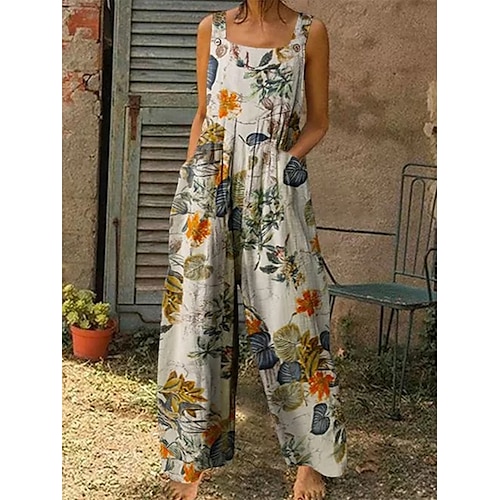 

One Piece Jumpsuits for Women Pocket High Waist Floral Square Neck Business Office Work Regular Fit Spaghetti Strap White S M L Summer