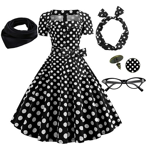 

Women's A-Line Rockabilly Dress Polka Dots Swing Dress Flare Dress with Accessories Set 1950s 60s Retro Vintage with Headband Scarf Earrings Cat Eye Glasses 5PCS For Vintage Swing Party Dress