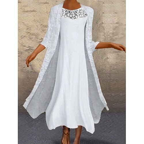 

Robe casual Robe en coton et lin Femme Robe longue maxi Mélange de Coton Elégant Moderne Extérieur du quotidien Vacances Col Ras du Cou Dentelle Patchwork Manches 3/4 Eté Printemps Automne 2023 Ample