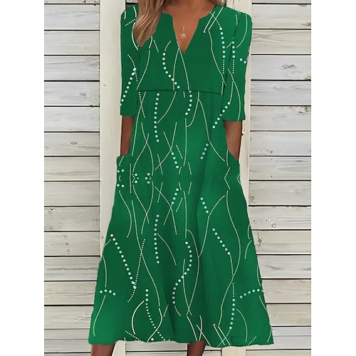 

Women's Casual Dress Summer Dress Print Dress Floral Geometric Ruched Pocket V Neck Midi Dress Active Fashion Outdoor Daily 3/4 Length Sleeve Loose Fit White Light Green Green Summer Spring S M L XL