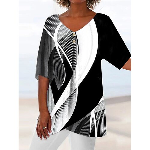 

Women's Shirt Blouse Black White Yellow Graphic Button Asymmetric Short Sleeve Casual Basic V Neck Long S