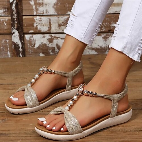 

Women's Sandals Boho Bohemia Beach Flat Sandals Outdoor Beach Summer Beading Flat Heel Casual Bohemia Walking Shoes PU Elastic Band Solid Color Black Beige